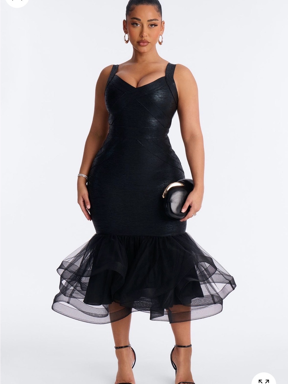 Black Mermaid Hem Midi Dress - Women's Elegant Evening Dress